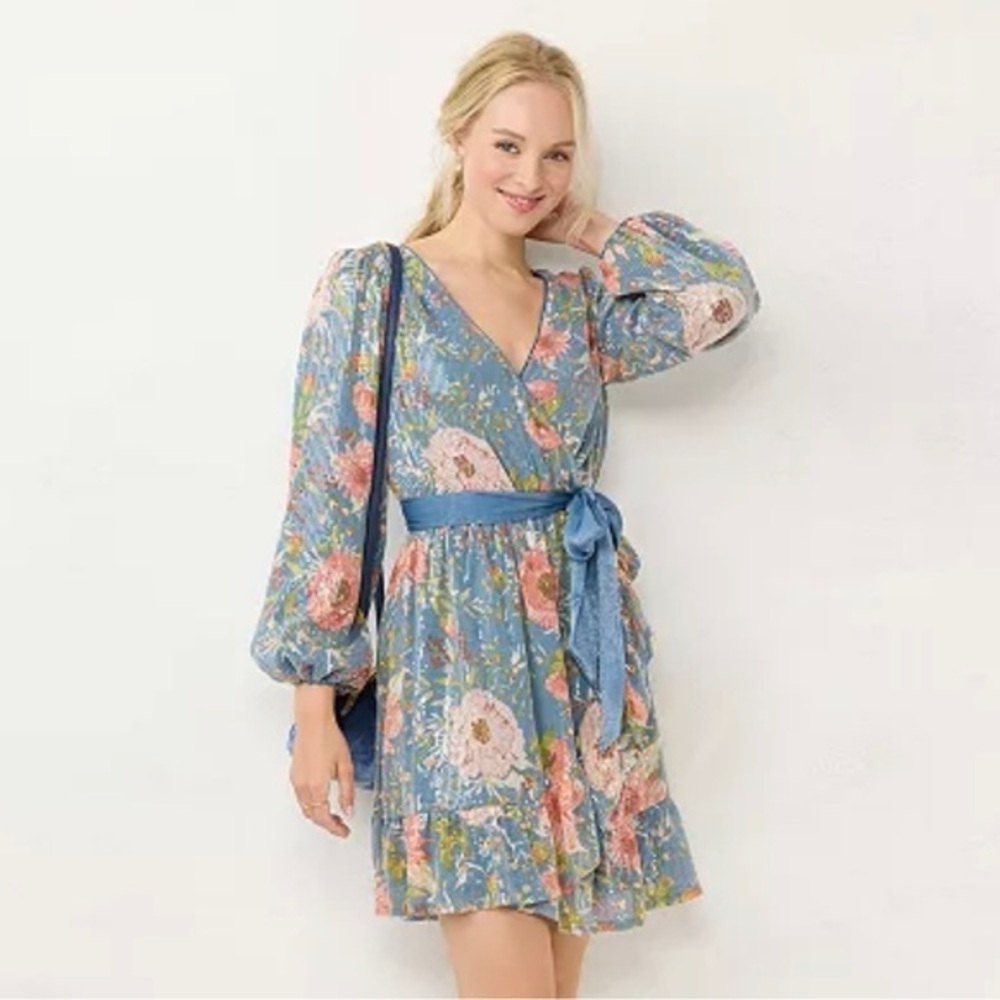 LC Lauren Conrad Blue Floral Long Sleeve Tie-Waist Dress